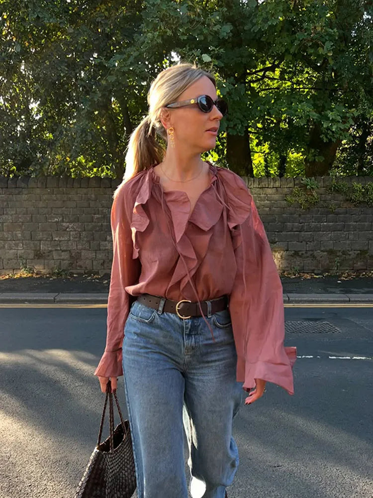 Brown Transparent Ruffle Blouse – Elegant & Feminine