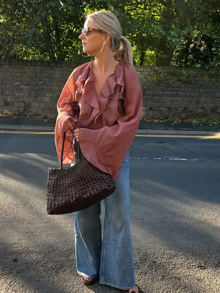Brown Transparent Ruffle Blouse – Elegant & Feminine