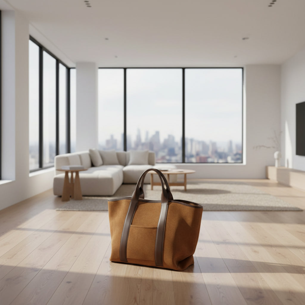 Close-up of premium suede material on Isabella tote bag showing soft luxurious finish