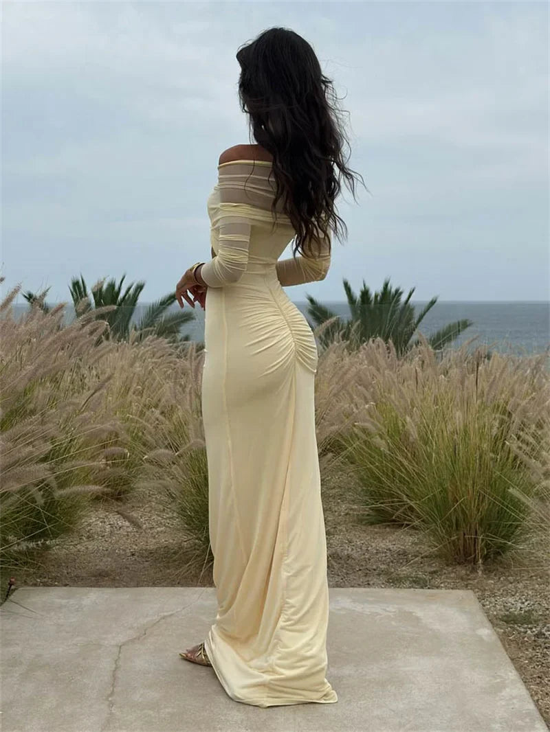 Off-the-Shoulder Cut-Out Maxi Dress with Long Sleeves