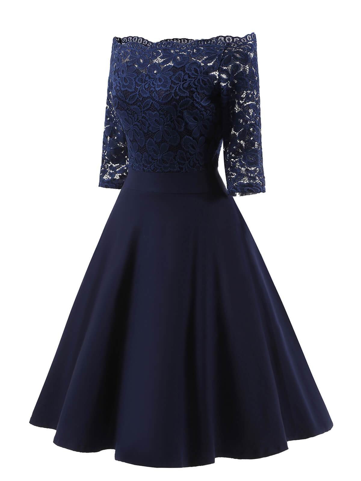 1950s blue lace evening dress - lifestyle shot
