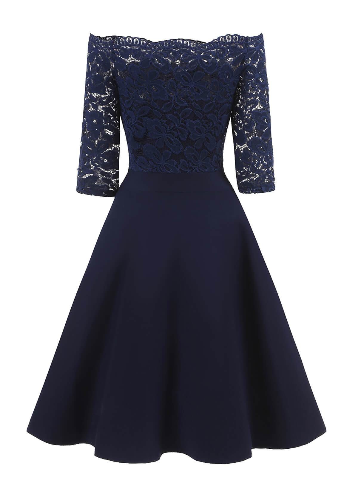 Off-shoulder blue dress - detail of lace pattern and bodice
