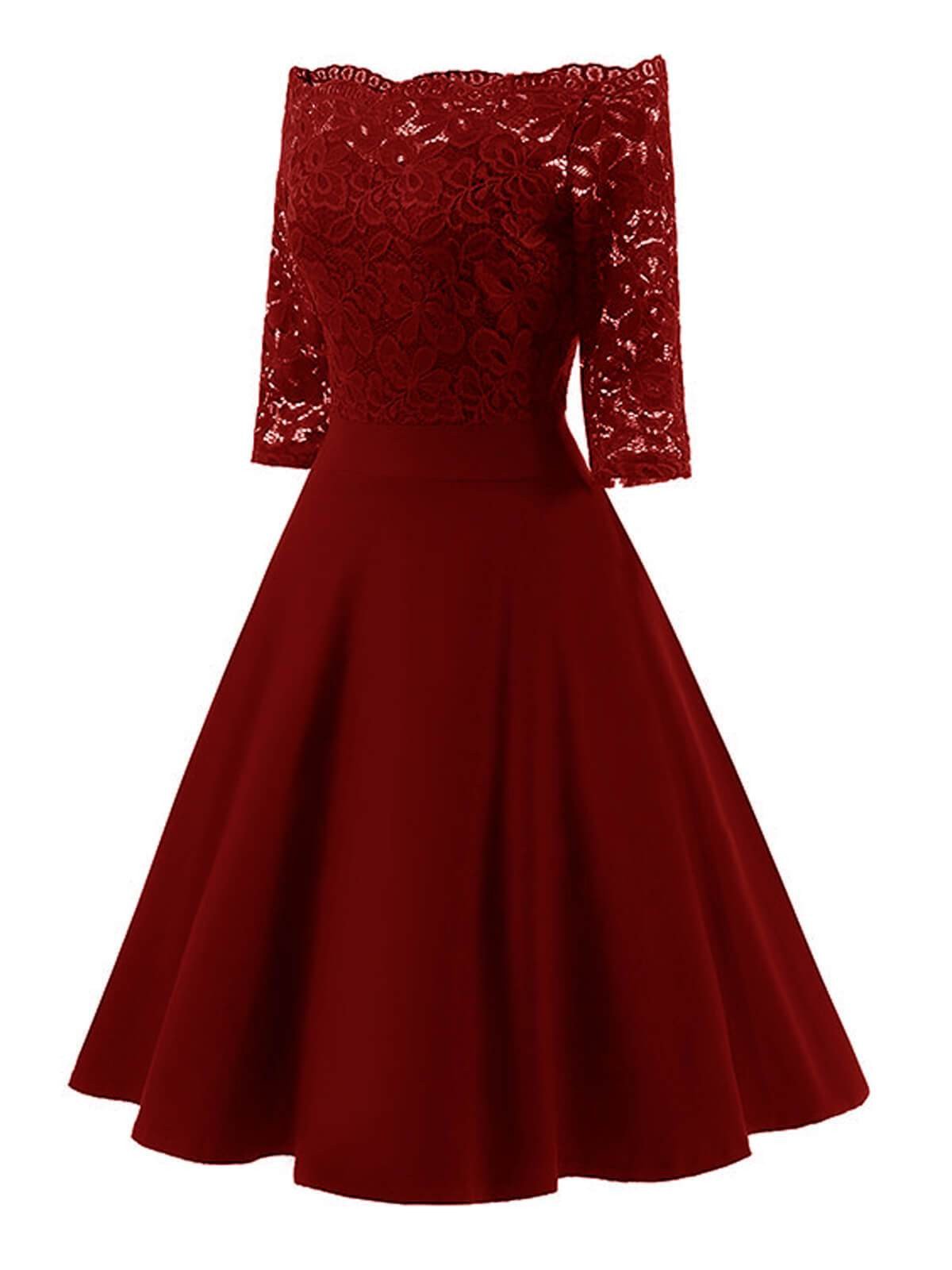1950s burgundy lace dress - side angle showing silhouette and fit
