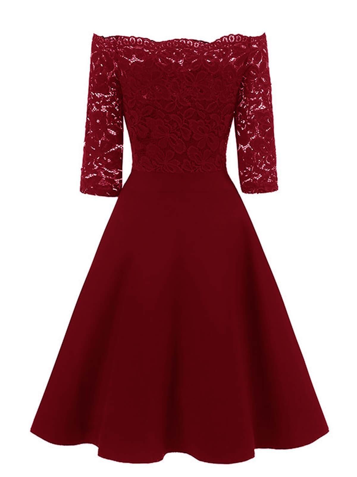 Off-shoulder burgundy lace evening dress - back view
