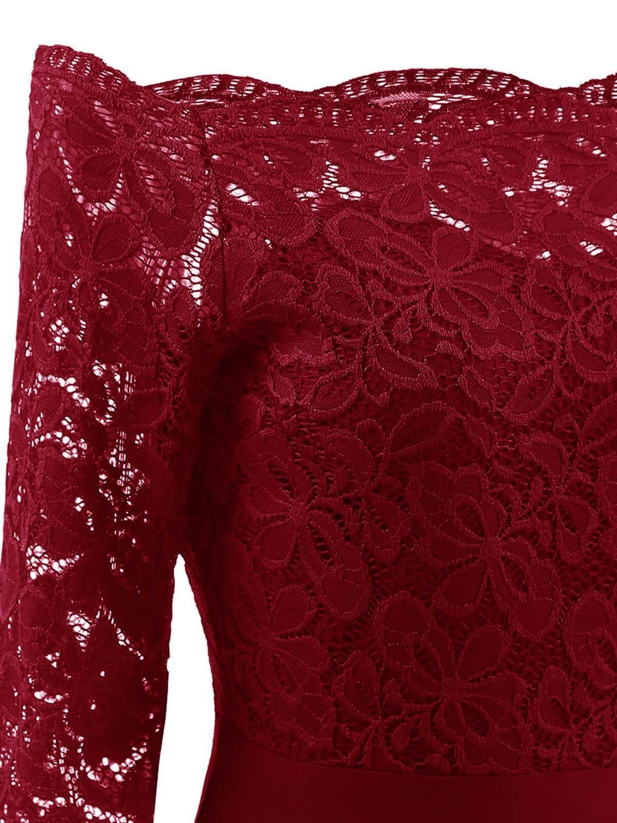 Vintage burgundy lace dress - three-quarter view showing swing skirt
