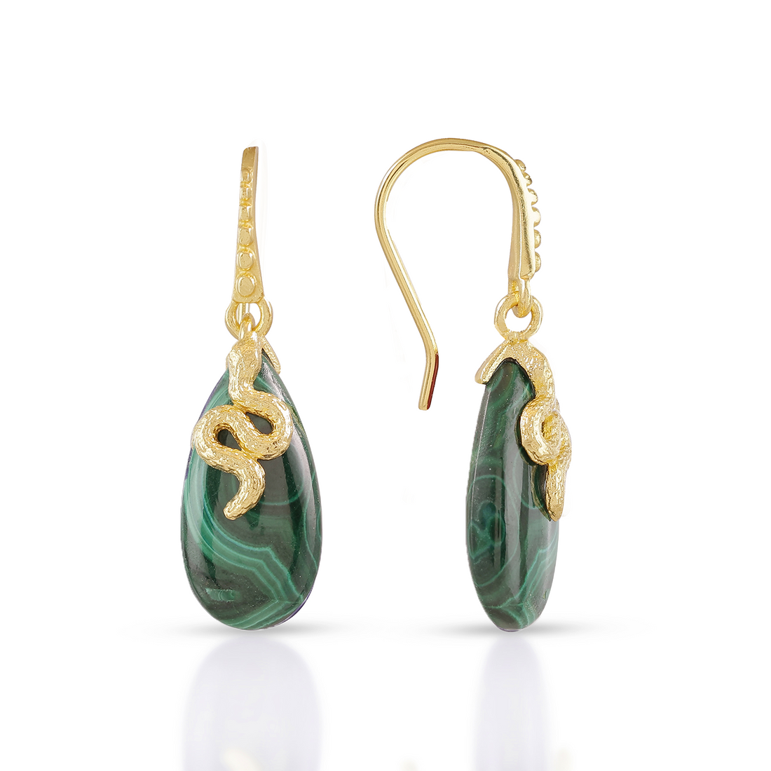 Medusa malachite drop earrings in 22k gold plated brass with green gemstone detail"