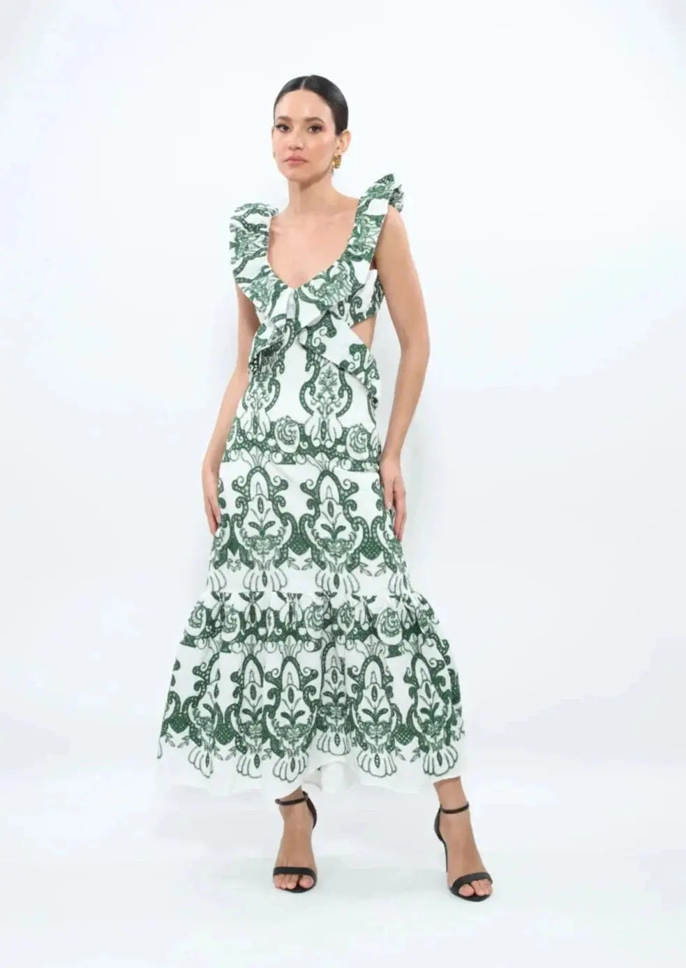 Patterned Maxi Dress with Ruffles & Back Cutout