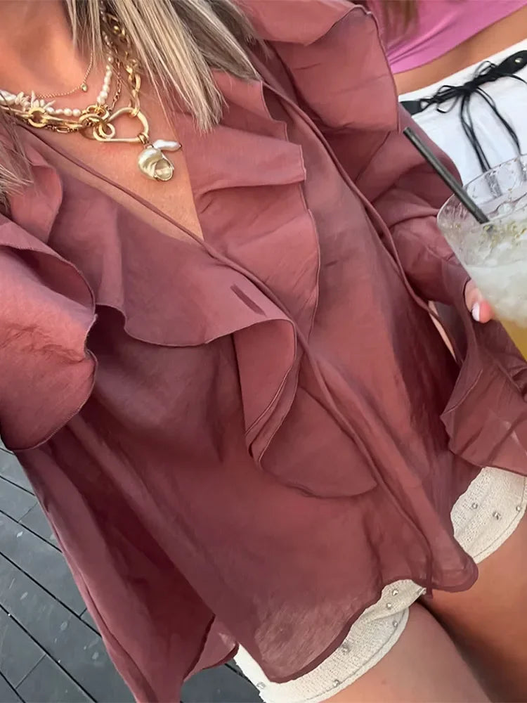 Brown Transparent Ruffle Blouse – Elegant & Feminine