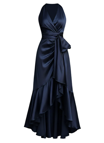 Women’s Satin Halter Evening Dress – Ruffle High-Low Hem