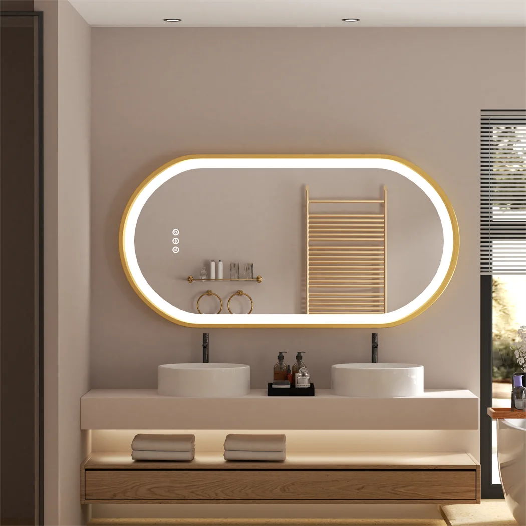 Gold Oval LED Bathroom Mirror with Demister - Illuminated Wall Mirror