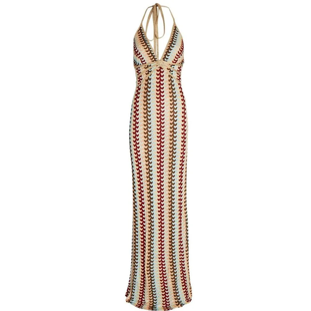 Backless Boho Maxi Dress with Retro Wave Pattern