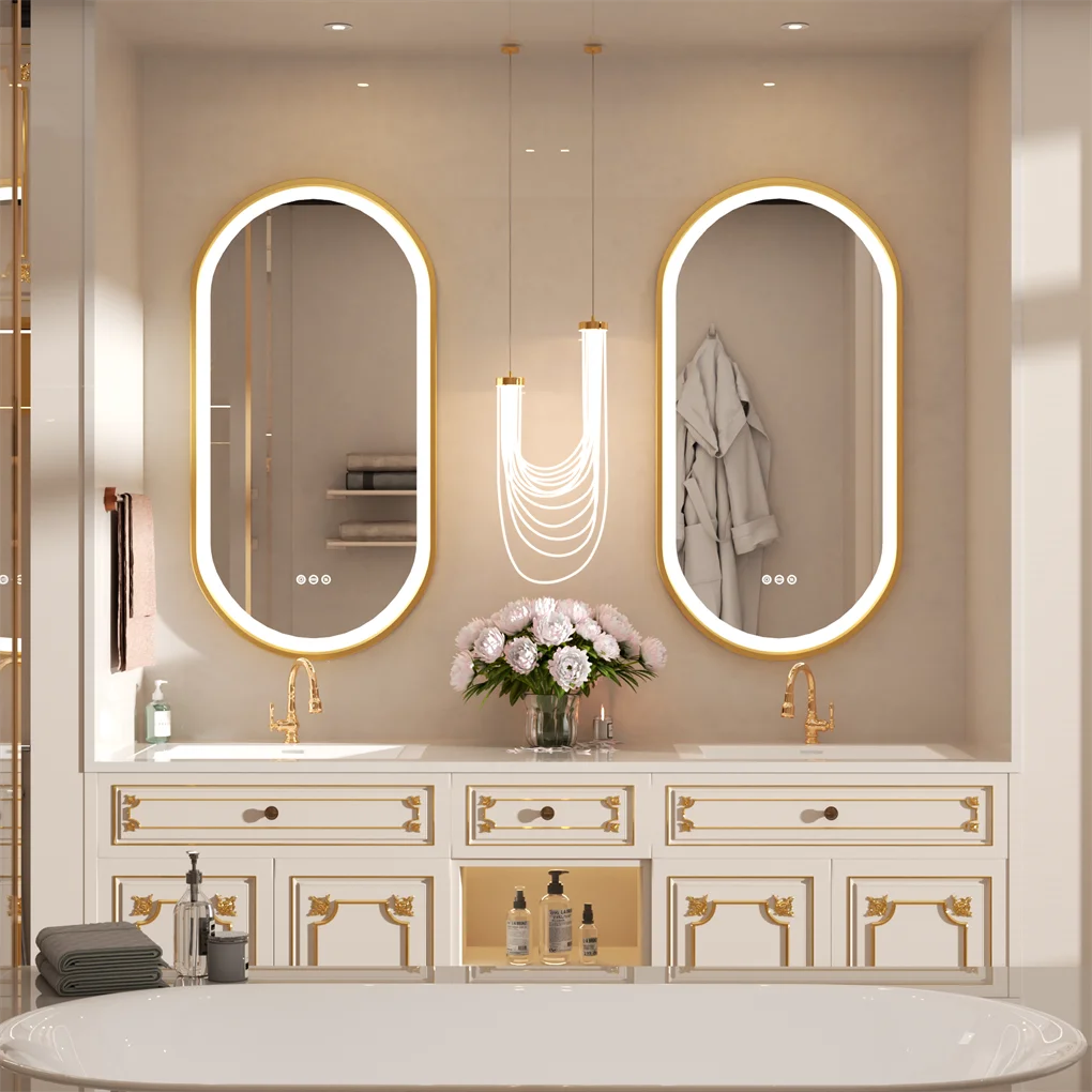Gold Oval LED Bathroom Mirror with Demister - Illuminated Wall Mirror