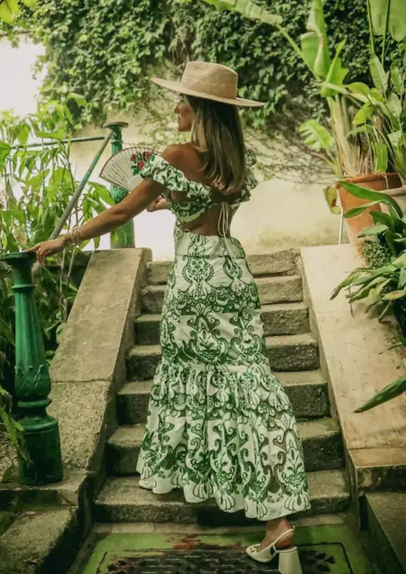 Patterned Maxi Dress with Ruffles & Back Cutout