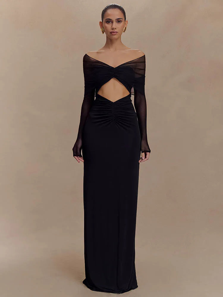 Off-the-Shoulder Cut-Out Maxi Dress with Long Sleeves