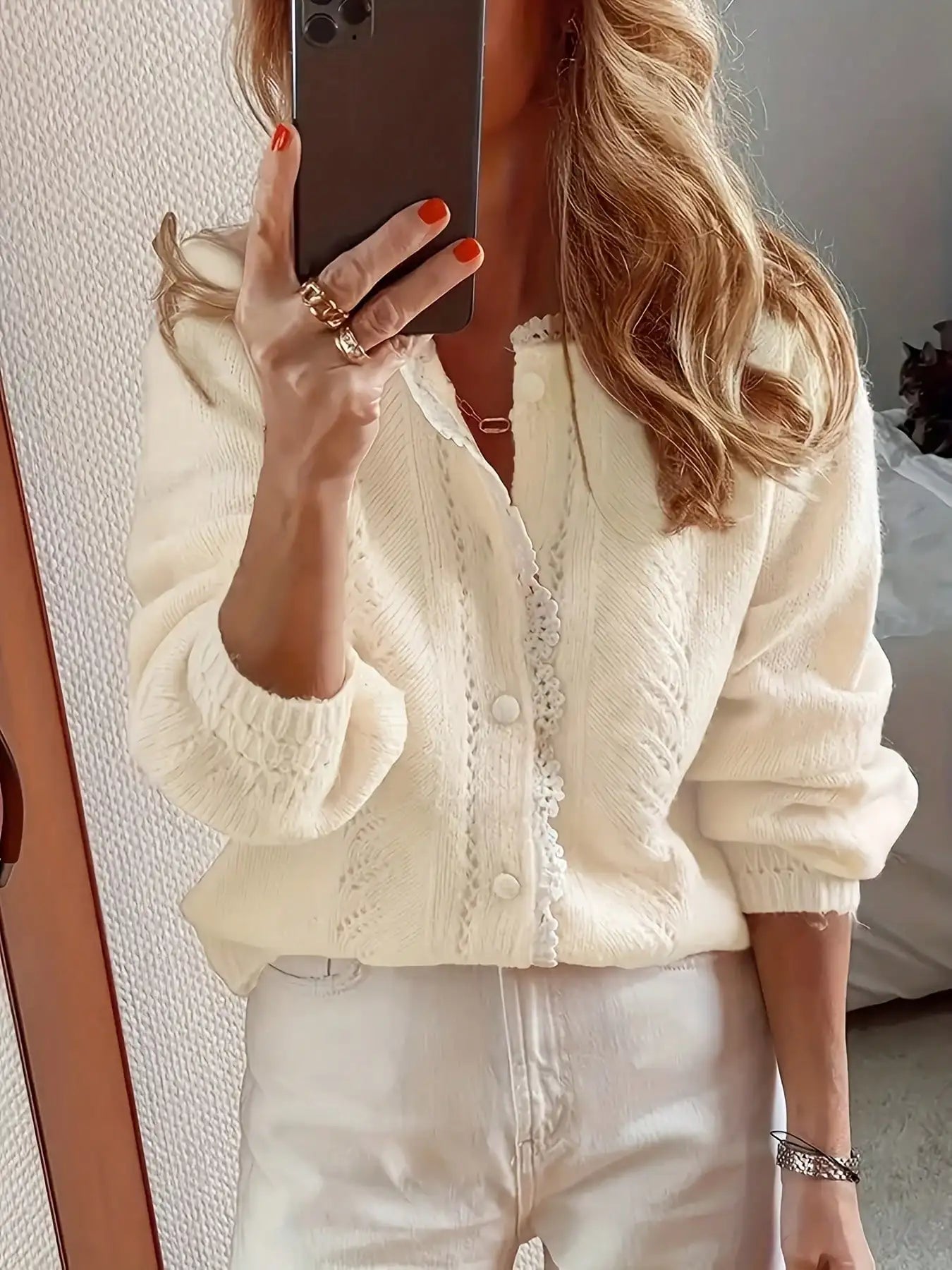 Women’s Lace Patchwork Cardigan – Knit Sweater