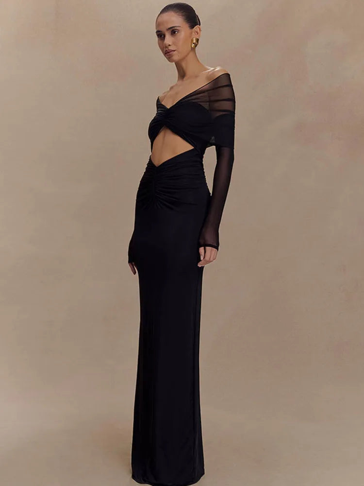 Off-the-Shoulder Cut-Out Maxi Dress with Long Sleeves