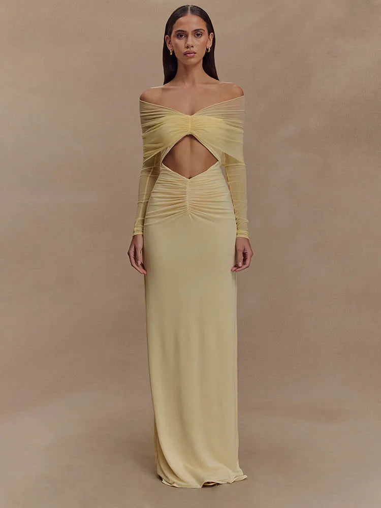 Off-the-Shoulder Cut-Out Maxi Dress with Long Sleeves