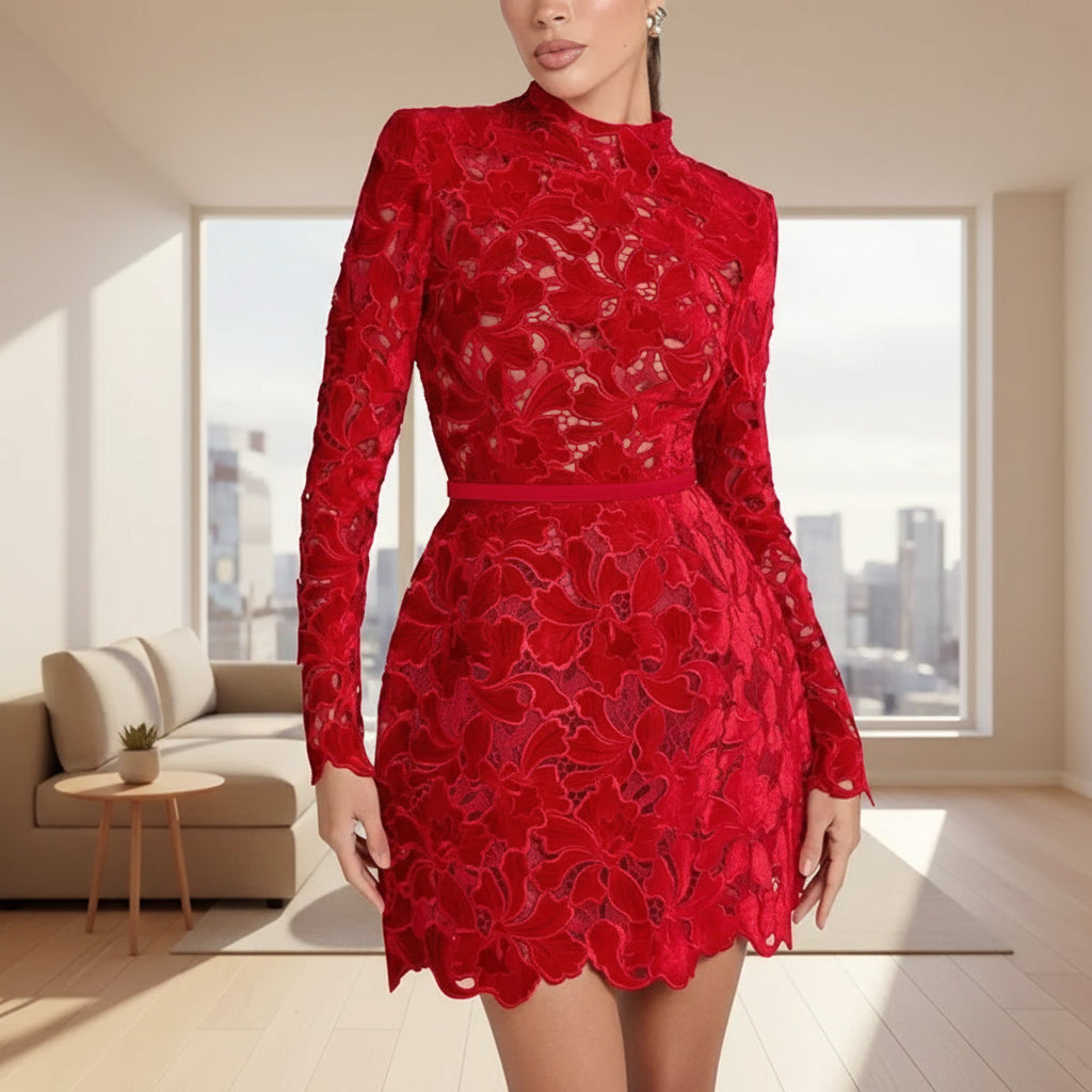 Red lace dress on a gray background