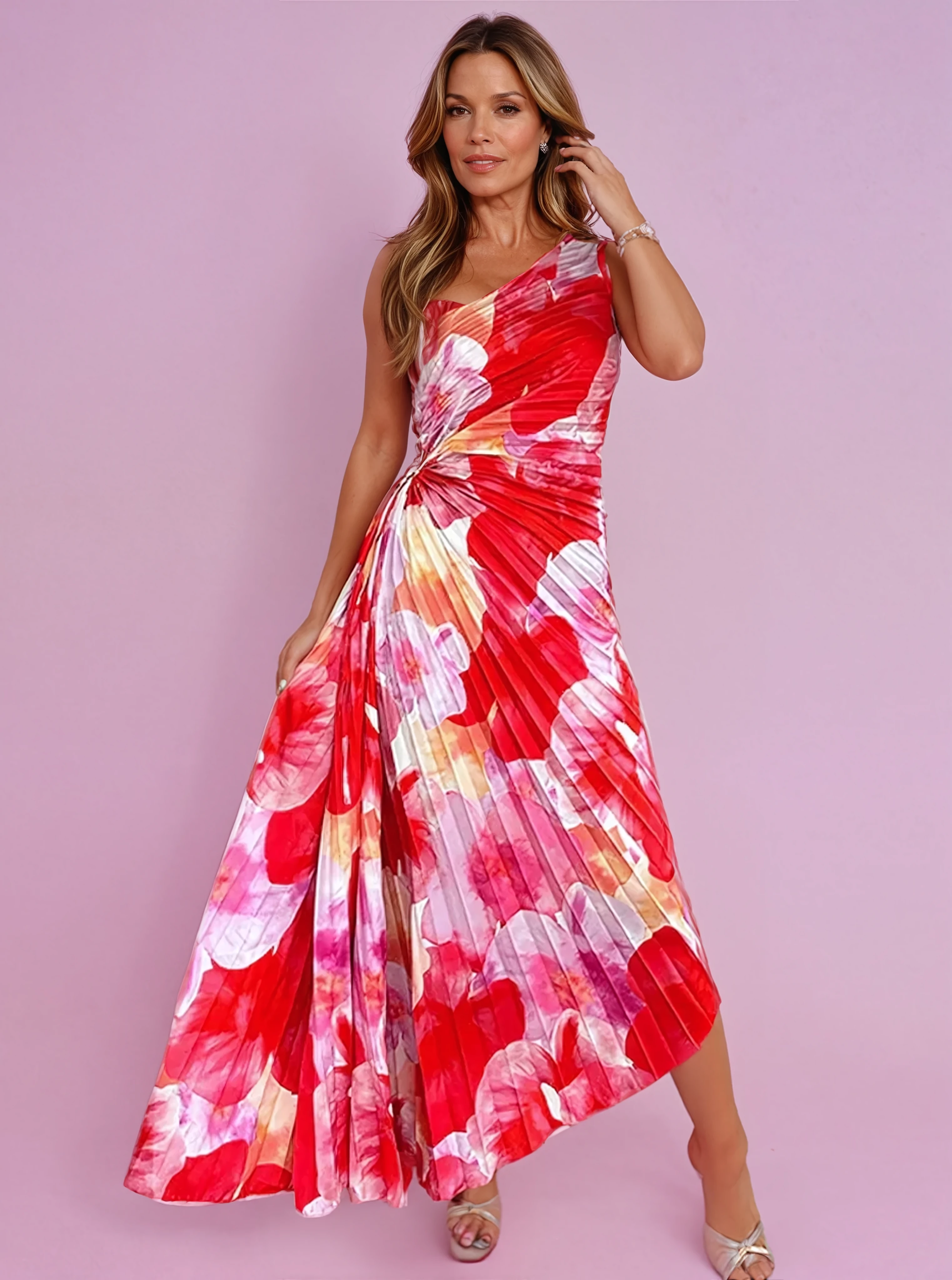 Floral One-Shoulder Pleated Dress – Elegant & Feminine