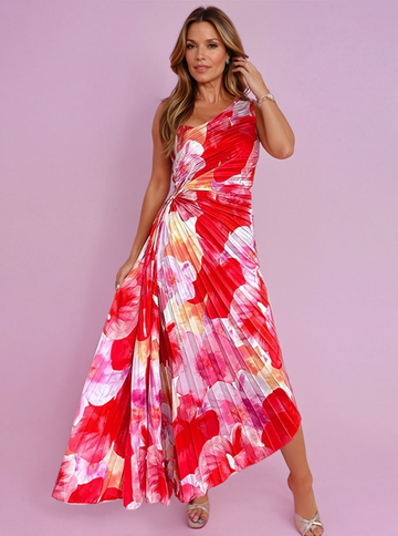 Floral One-Shoulder Pleated Dress – Elegant & Feminine