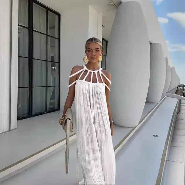 Boho Maxi Dress with Draping & Decorative Straps