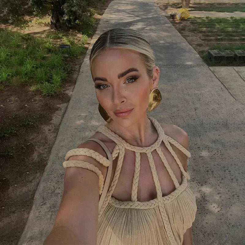 Boho Maxi Dress with Draping & Decorative Straps