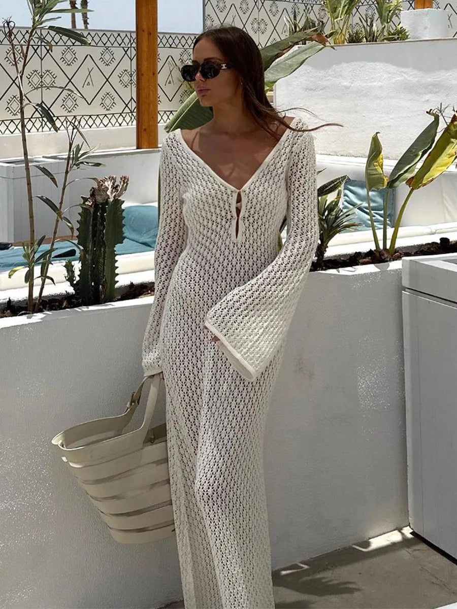 Crochet Look Maxi Dress with Deep Neckline and Long Sleeves