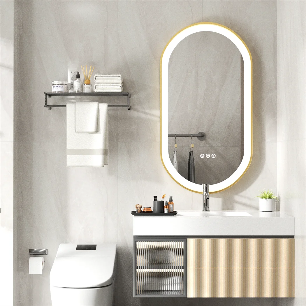 Gold Oval LED Bathroom Mirror with Demister - Illuminated Wall Mirror