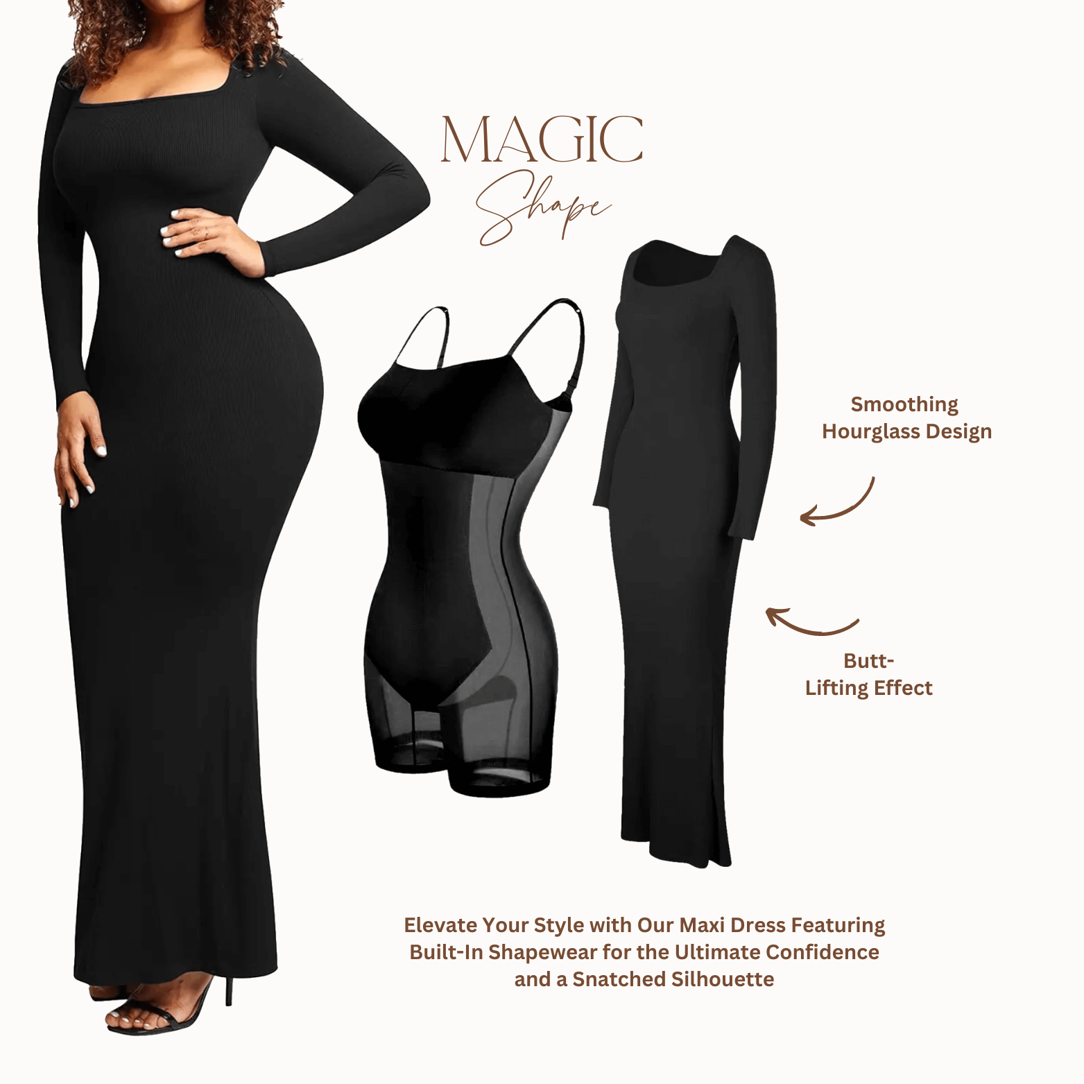 Black Bodycon Maxi Dress with Long Sleeves
