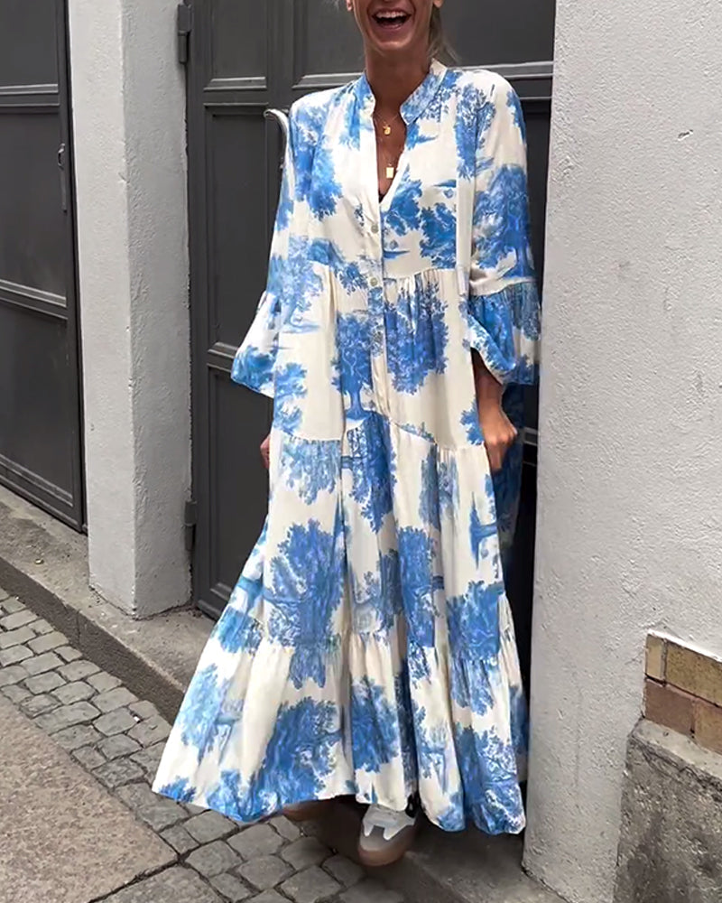 Printed Maxi Dress with Ruffled Sleeves & Stand-Up Collar