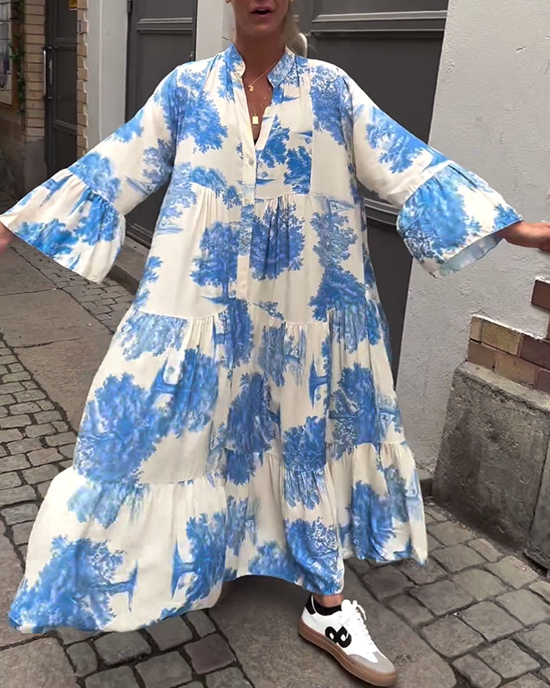 Printed Maxi Dress with Ruffled Sleeves & Stand-Up Collar
