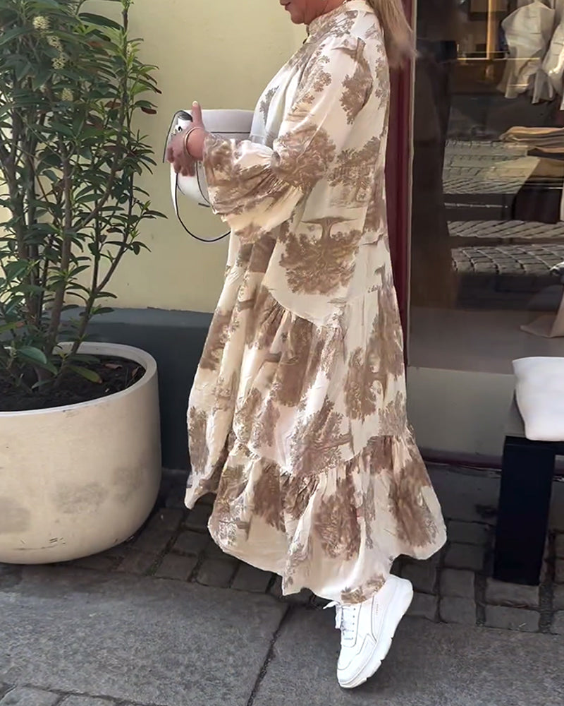 Printed Maxi Dress with Ruffled Sleeves & Stand-Up Collar