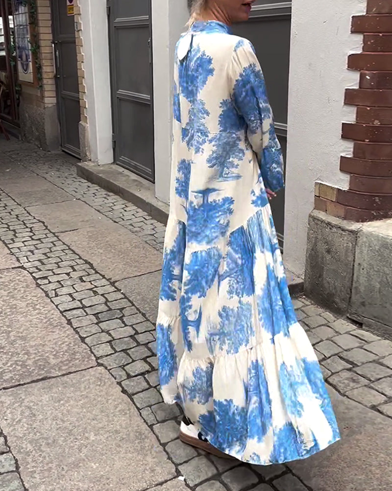 Printed Maxi Dress with Ruffled Sleeves & Stand-Up Collar