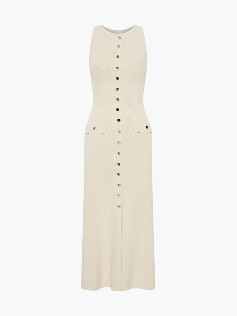 Elegant Button Detail Sleeveless Maxi Dress – Timeless Sophistication