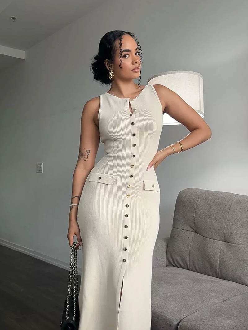 Elegant Button Detail Sleeveless Maxi Dress – Timeless Sophistication