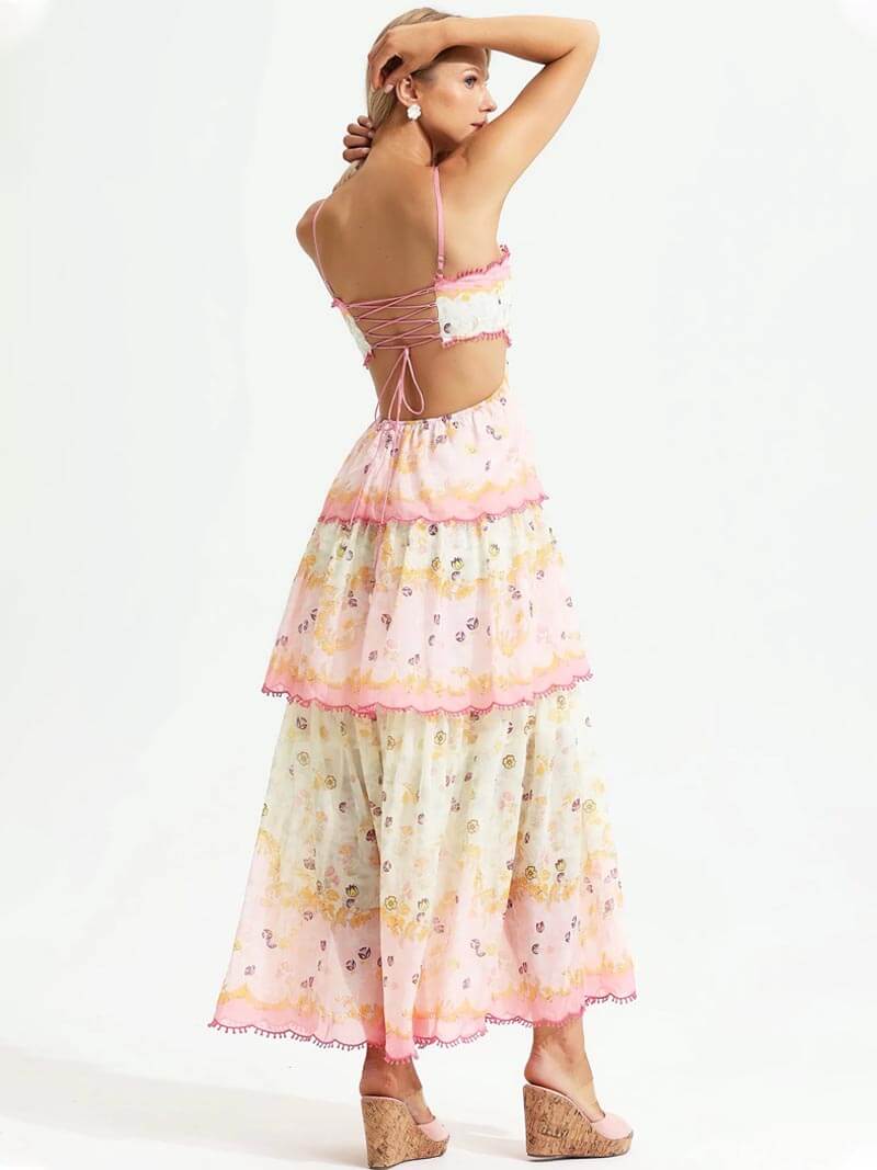 Romantic Floral Maxi Dress with Lace Back Details