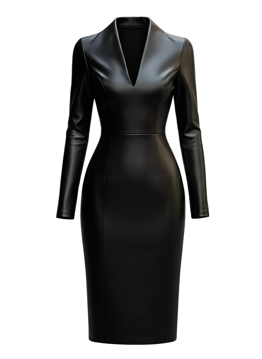 Women’s Faux Leather Bodycon Dress – V-Neck Long Sleeve