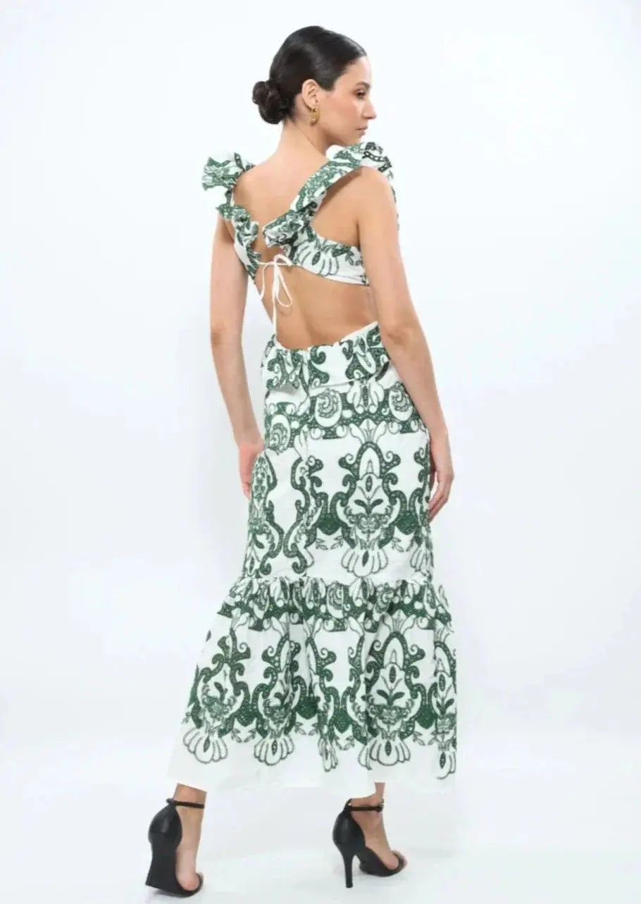 Patterned Maxi Dress with Ruffles & Back Cutout