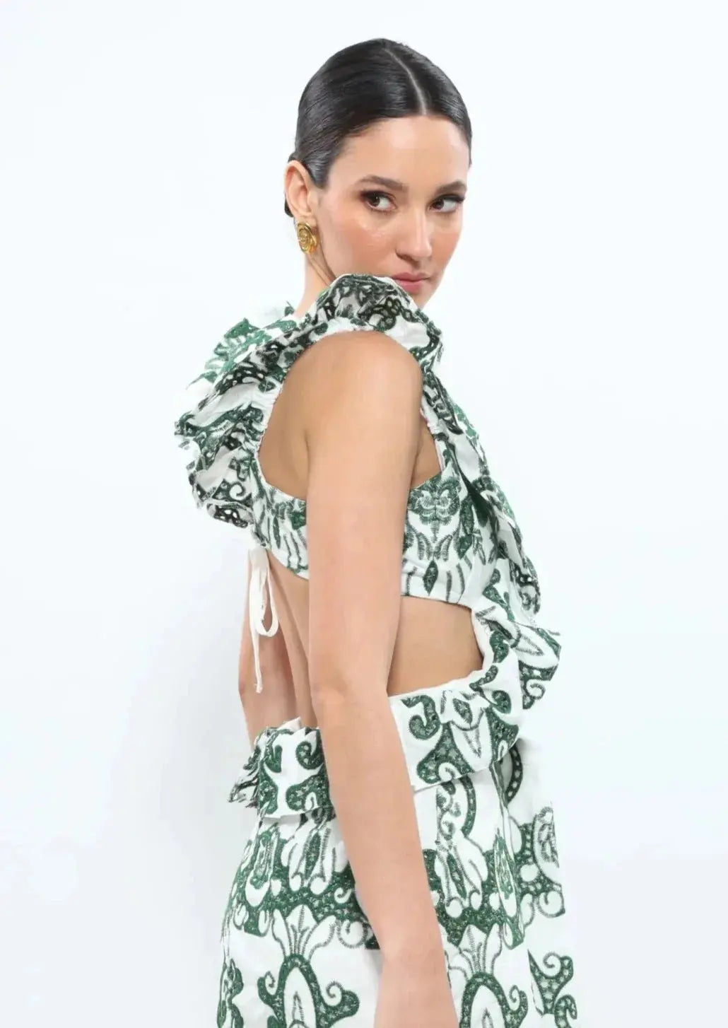 Patterned Maxi Dress with Ruffles & Back Cutout