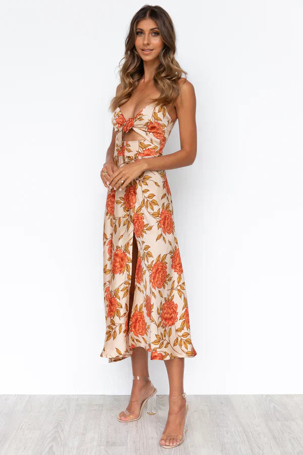 Floral Cut-Out Satin Midi Dress