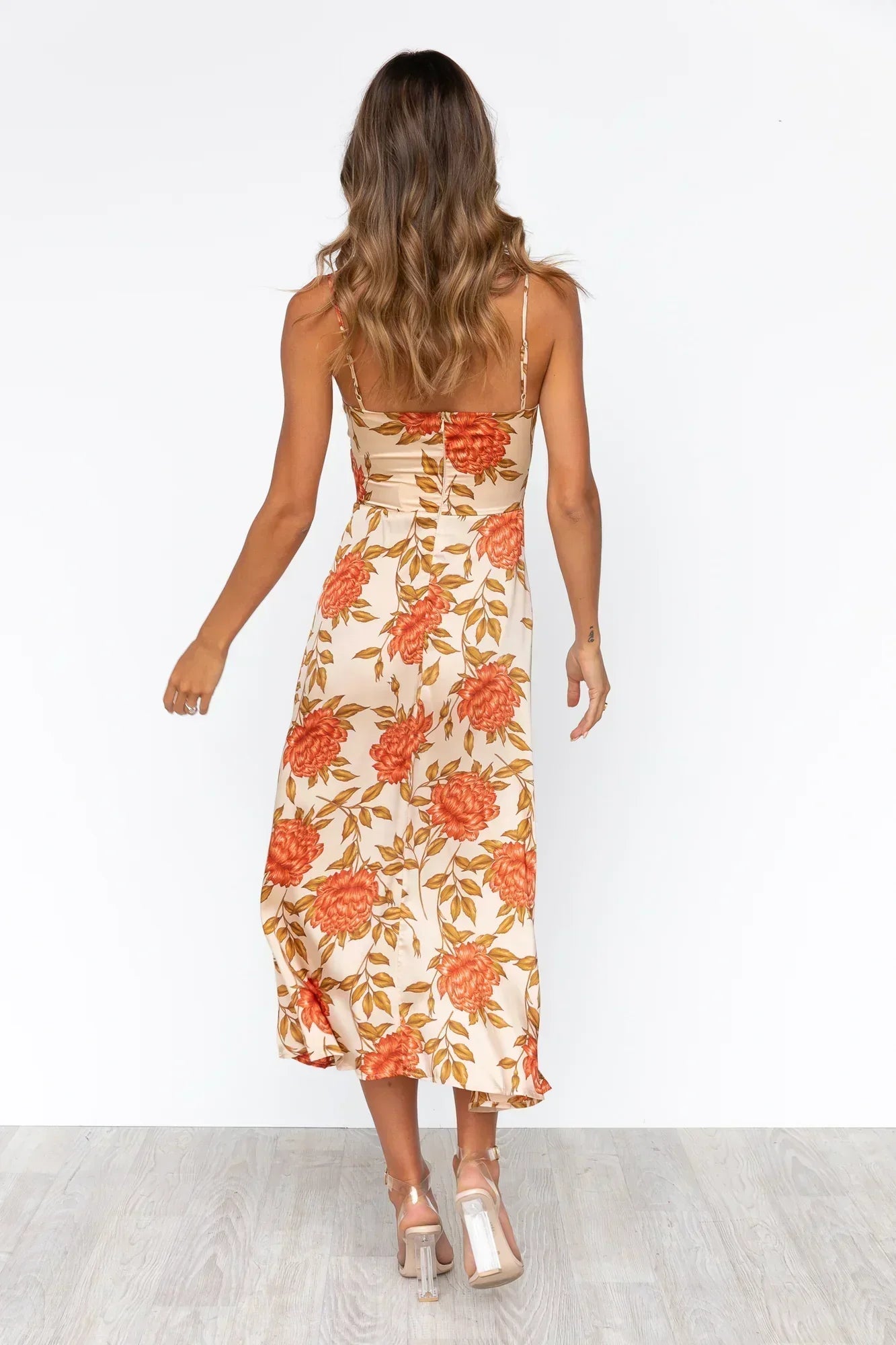 Floral Cut-Out Satin Midi Dress