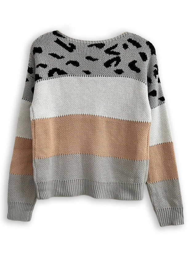 Women’s Leopard Print Knit Sweater – Round Neck Long Sleeve Pullover