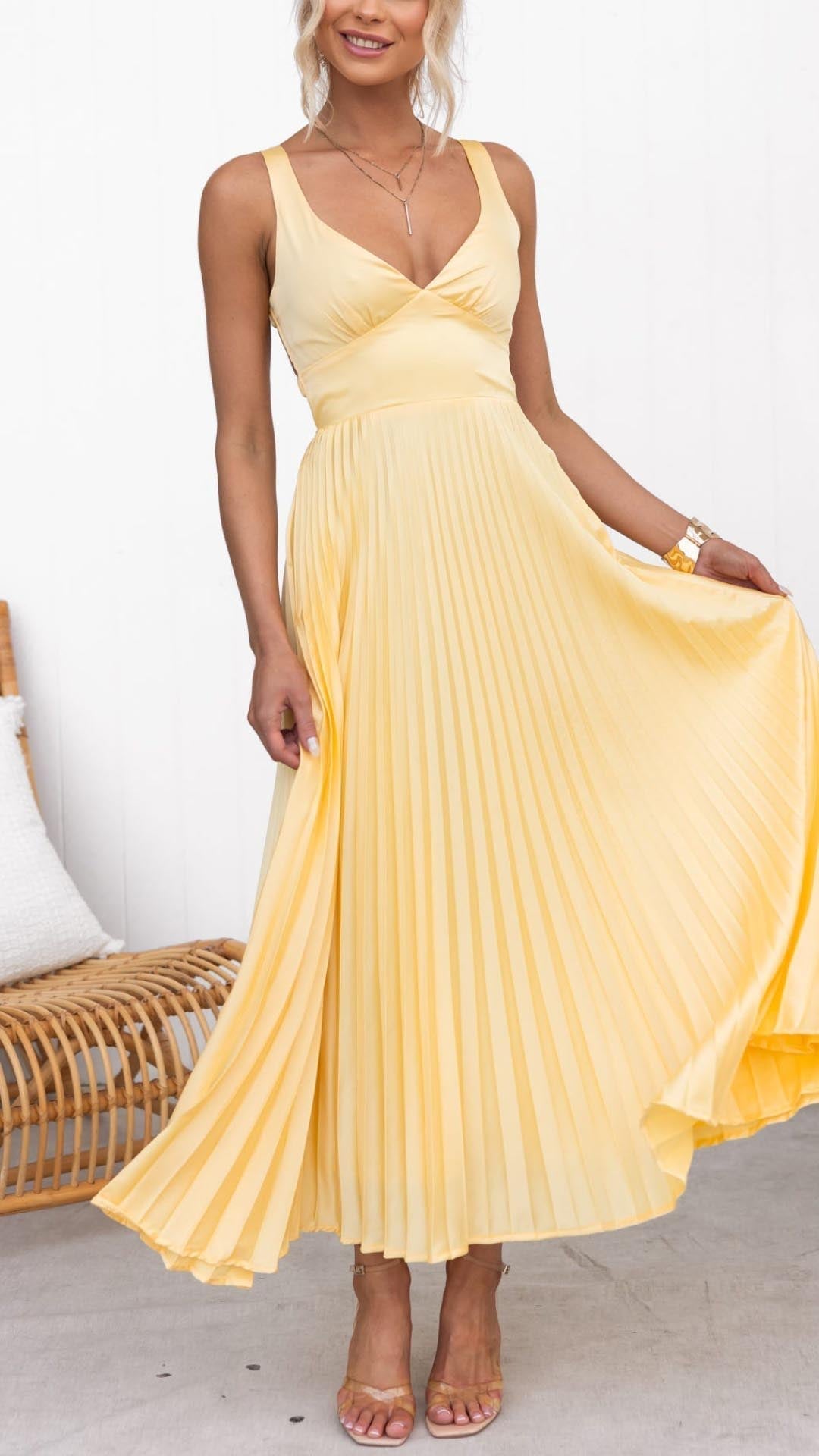 Sun Yellow Sleeveless Pleated Dress with V-Neck
