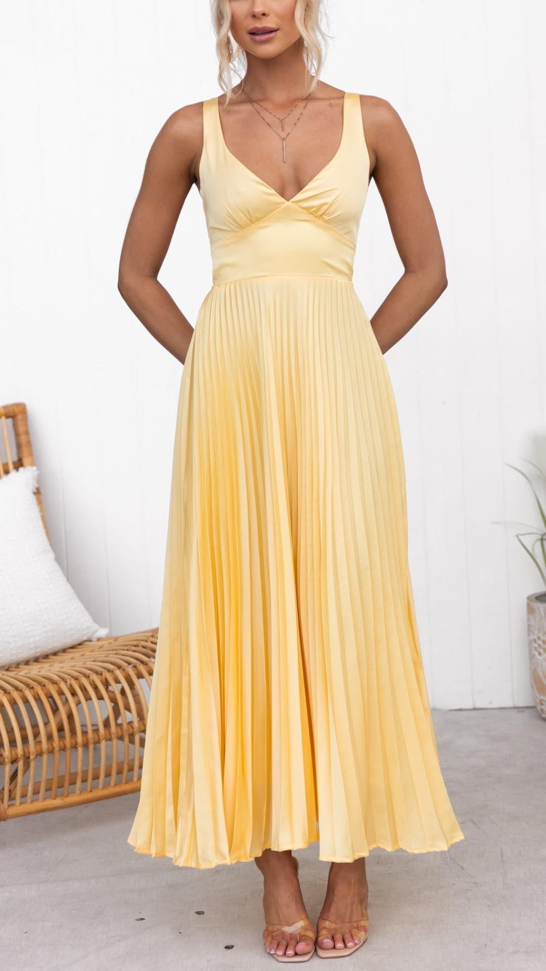 Sun Yellow Sleeveless Pleated Dress with V-Neck