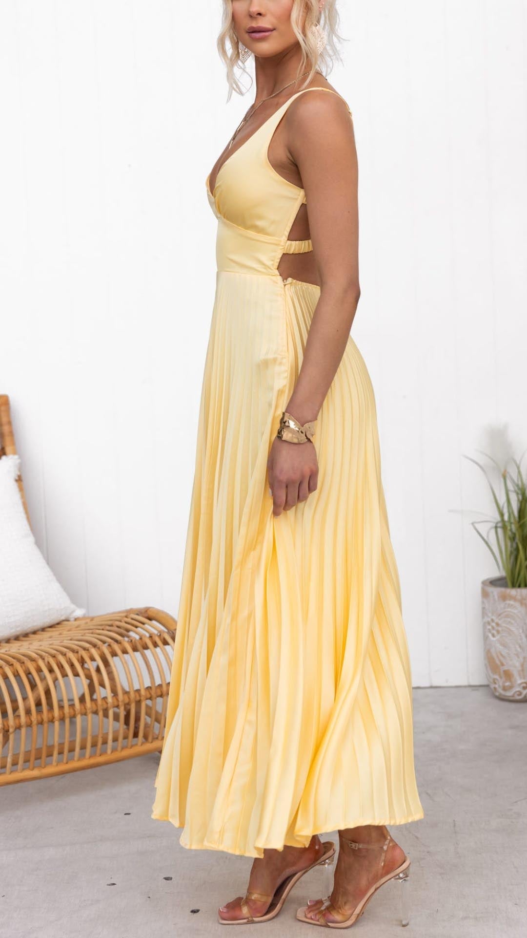 Sun Yellow Sleeveless Pleated Dress with V-Neck