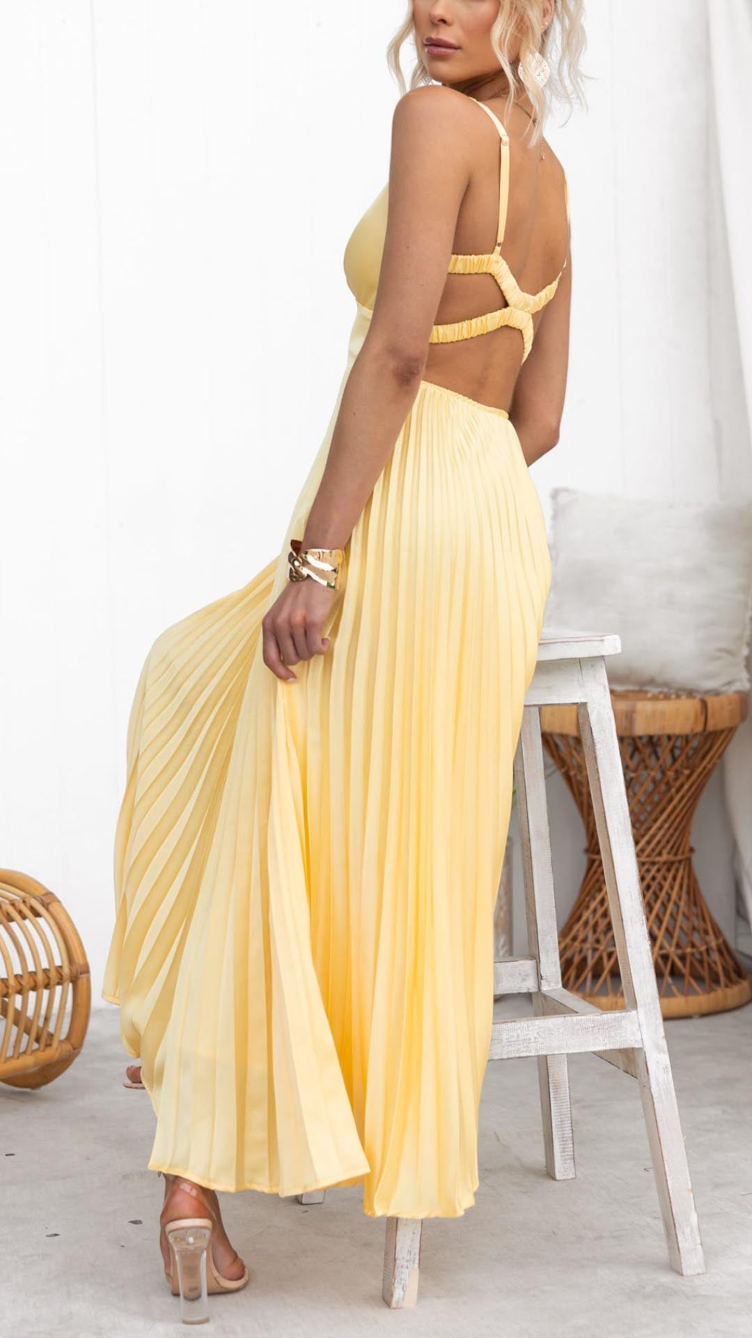 Sun Yellow Sleeveless Pleated Dress with V-Neck