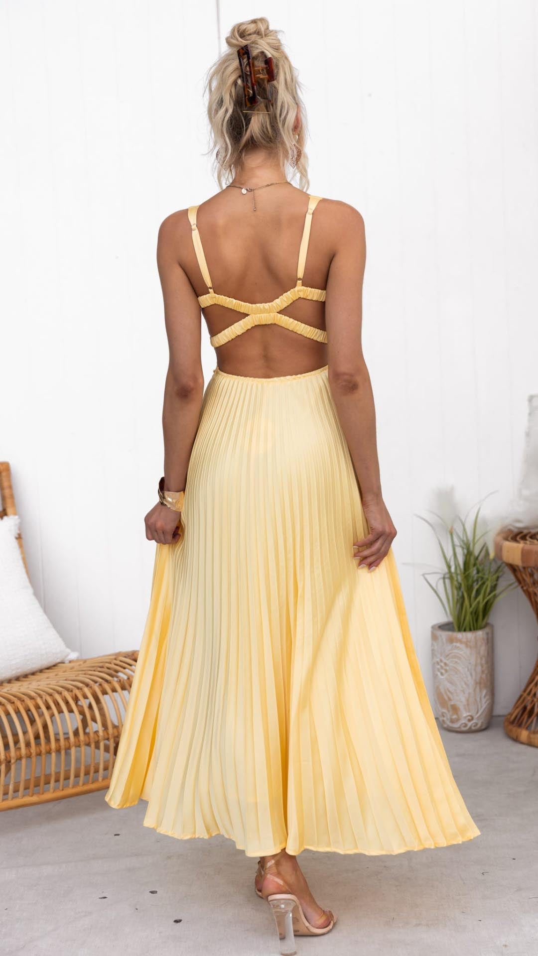 Sun Yellow Sleeveless Pleated Dress with V-Neck