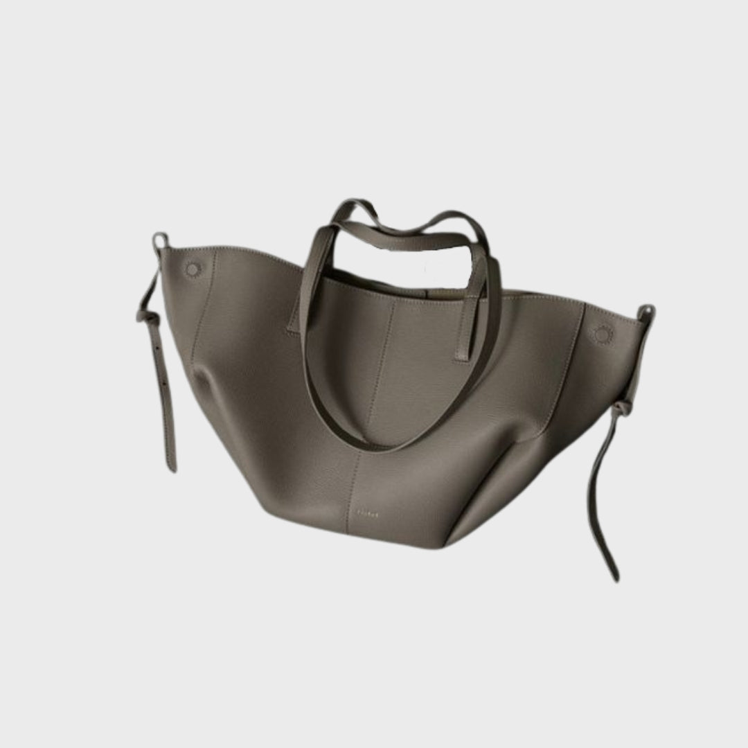 Taupe leather handbag - alternate angle showing versatile design for work and travel