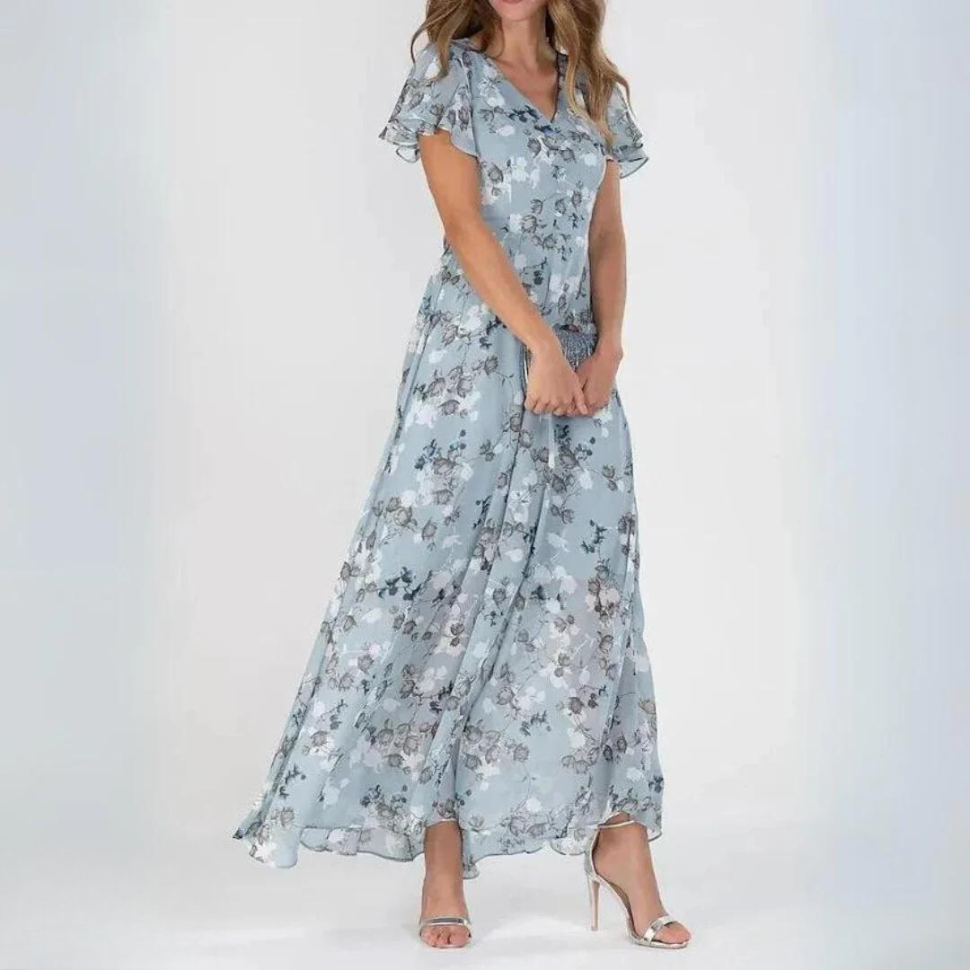 V-Neck Floral Chiffon Maxi Dress - Elegant & Airy