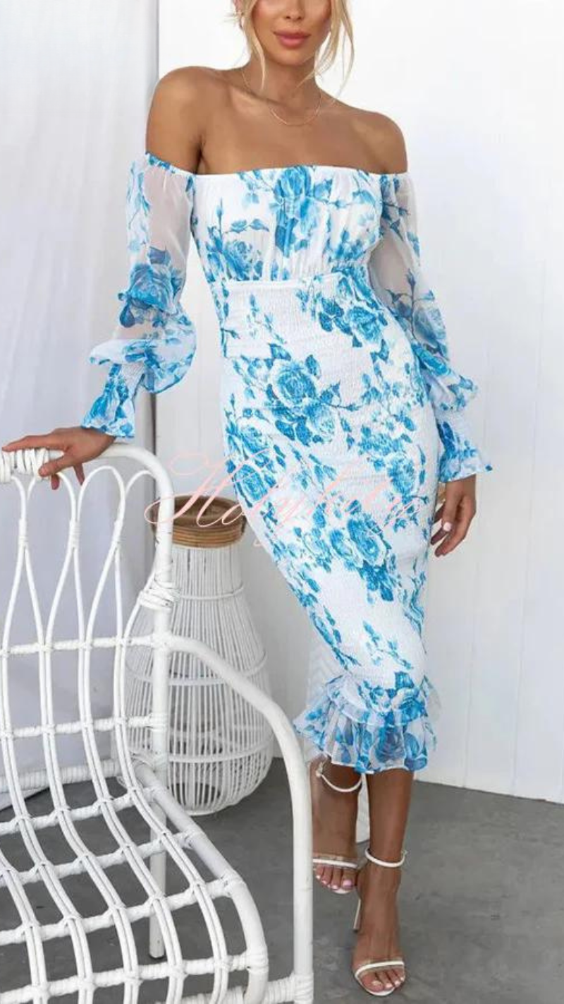 Off-Shoulder Floral Bodycon Midi Dress in Pink